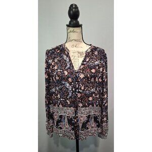 EUC Lucky Brand Black & Pink Floral Boho Long Sleeve Blouse/Sz. S